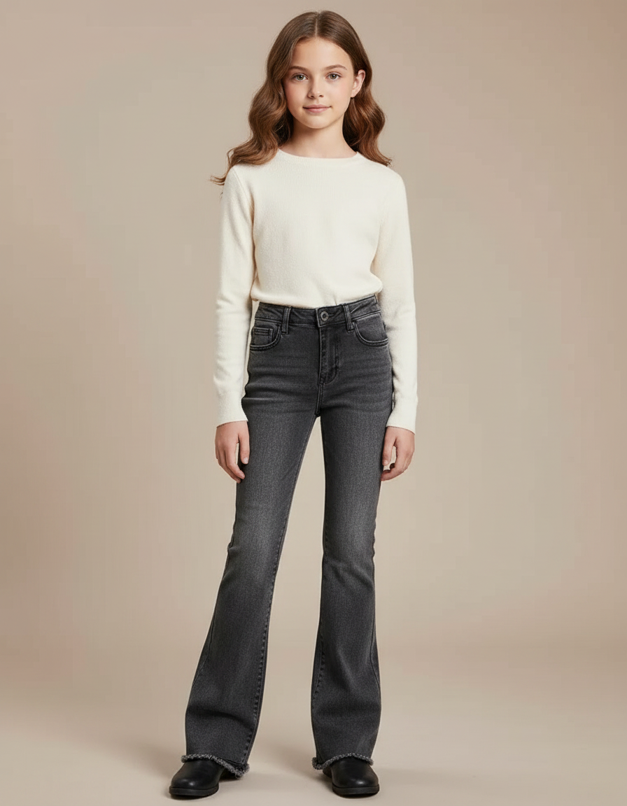 Pantalon Patte D'Éléphant Gris Taille Haute Évasé Enfant - Jean