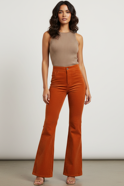 Pantalon Patte D'Éléphant Côtelé Orange Taille Haute Slim Rétro - Cordé