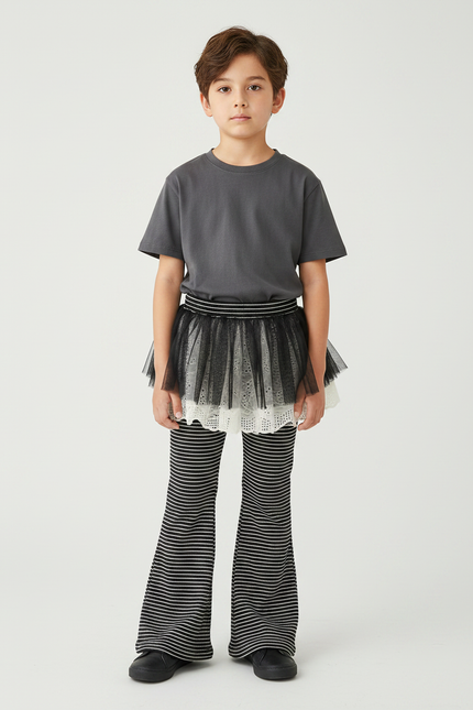Pantalon Patte D'Éléphant Rayé Noir Blanc Évasé - Multicolore Maille