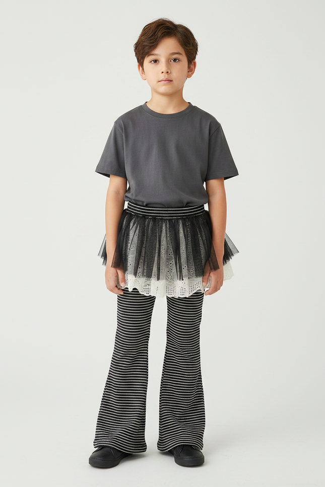 Pantalon Patte D'Éléphant Rayé Noir Blanc Évasé - Multicolore Maille