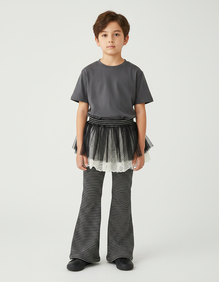 Pantalon Patte D'Éléphant Rayé Noir Blanc Évasé - Multicolore Maille