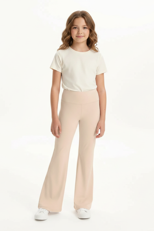 Pantalon Patte D'Éléphant Beige Uni Confortable Évasé Fille - Polyester