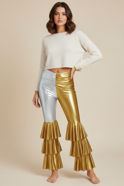 Pantalon Patte D'Éléphant Métallique Bicolore Volants Disco - Doré Polyester