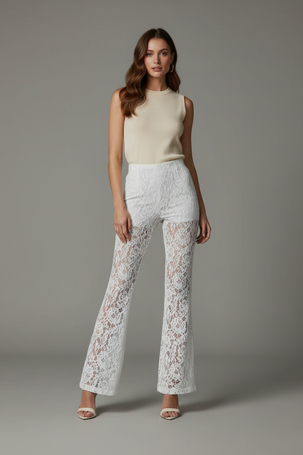 Pantalon Patte D'Éléphant Blanc Dentelle Transparente Évasé - Maille