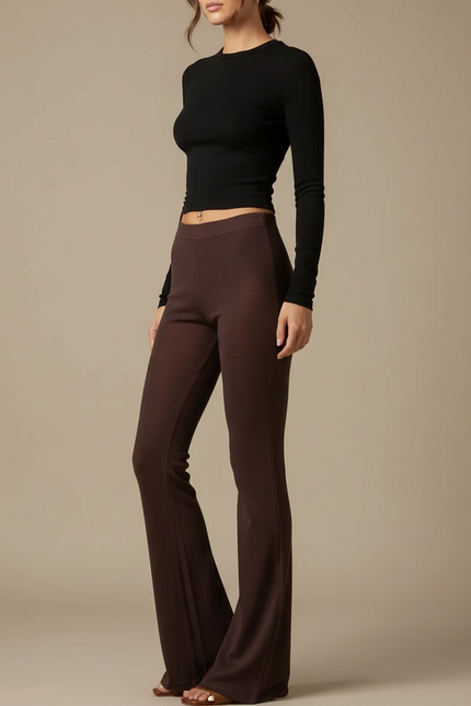 Pantalon Patte D'Éléphant Marron Évasé Confortable Femme - Maille
