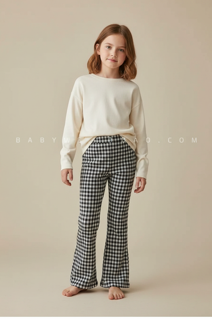 Pantalon Patte D'Éléphant Évasé Carreaux Vichy Noir Blanc - Multicolore Coton