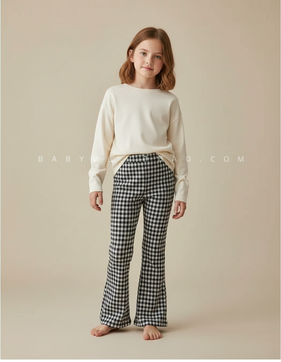 Pantalon Patte D'Éléphant Évasé Carreaux Vichy Noir Blanc - Multicolore Coton