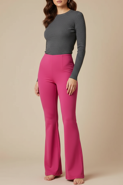 Pantalon Patte D'Éléphant Fuchsia Taille Haute Évasé Fluide - Rose Polyester