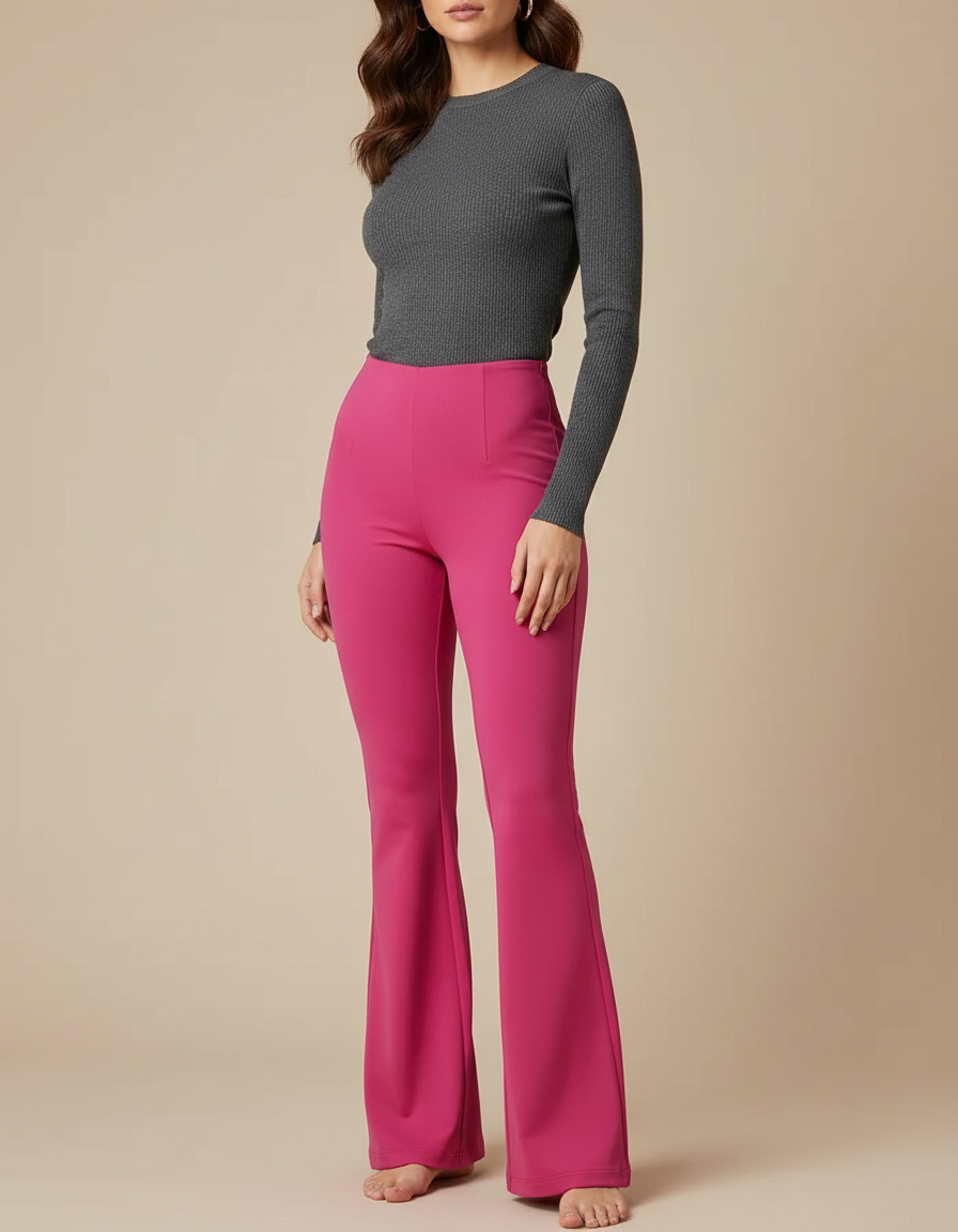 Pantalon Patte D'Éléphant Fuchsia Taille Haute Évasé Fluide - Rose Polyester