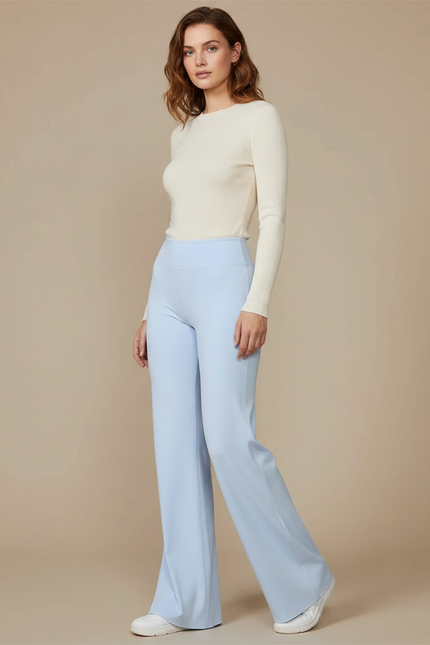 Pantalon Patte D'Éléphant Bleu Ciel Fluide Élégant Taille Haute - Polyester