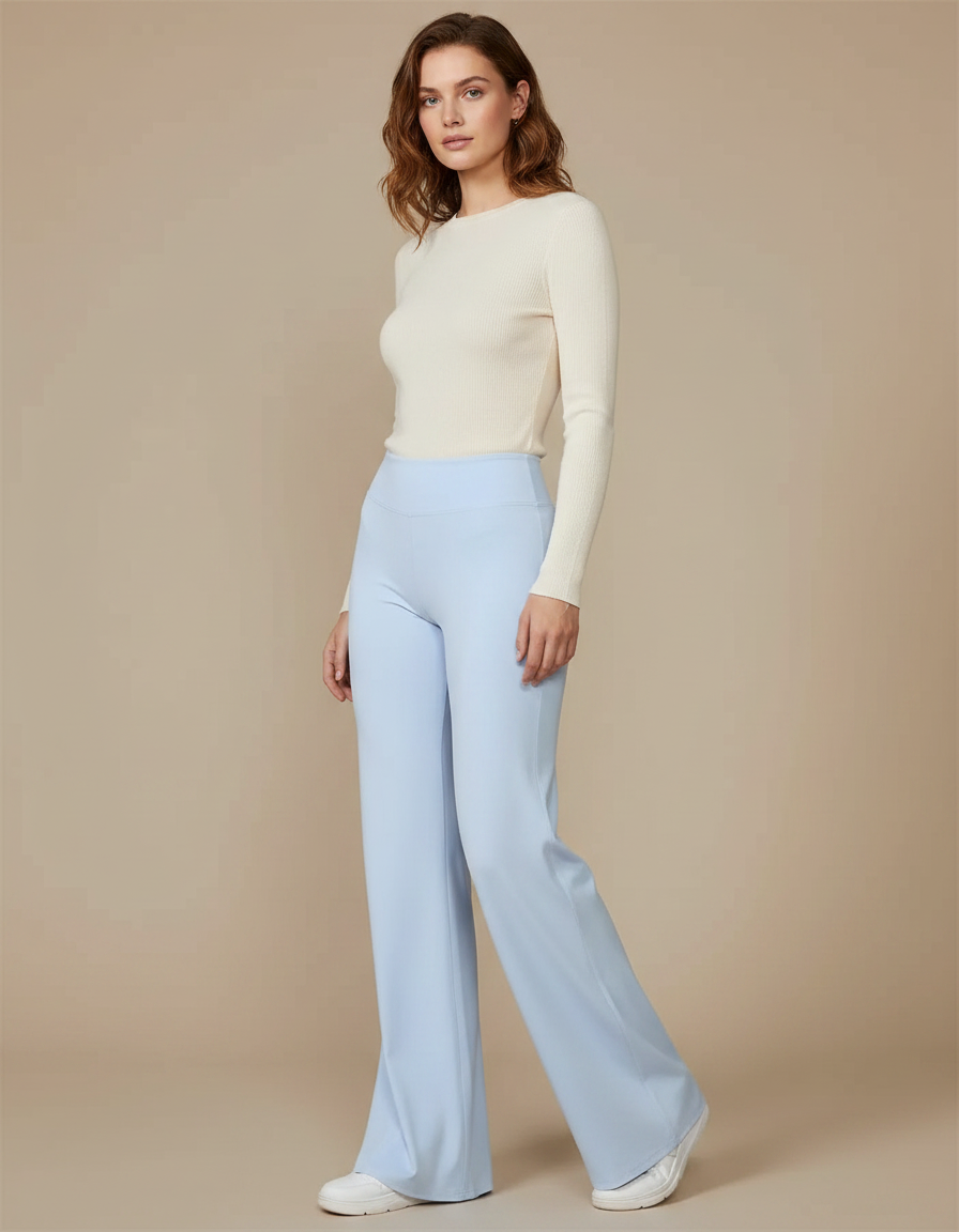 Pantalon Patte D'Éléphant Bleu Ciel Fluide Élégant Taille Haute - Polyester
