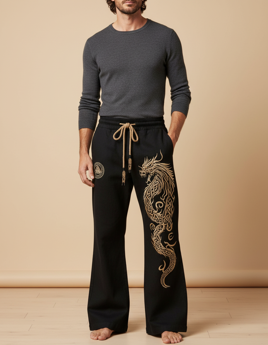 Pantalon Patte D'Éléphant Noir Dragon Brodé Ample Décontracté Homme - Molleton
