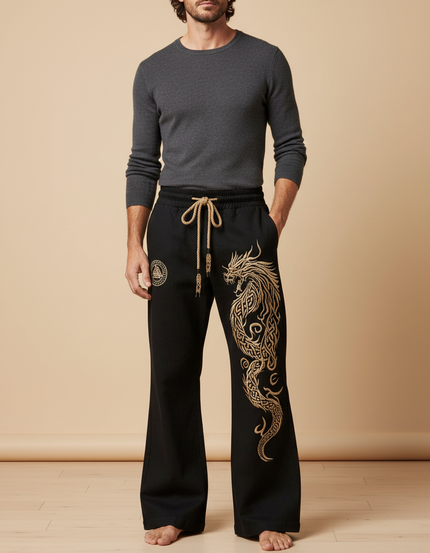 Pantalon Patte D'Éléphant Noir Dragon Brodé Ample Décontracté Homme - Molleton