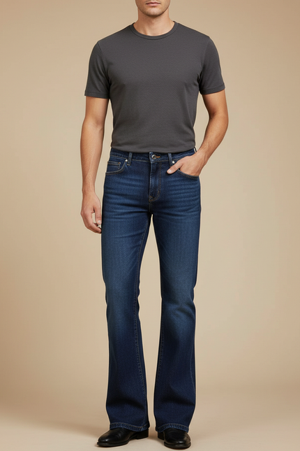 Pantalon Patte D'Éléphant Jean Bleu Stretch Évasé Homme