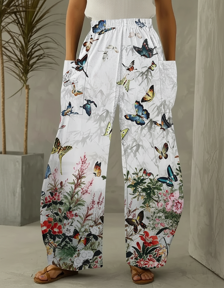 Pantalon Patte D'Éléphant Fluide Imprimé Papillon Floral Blanc - Viscose