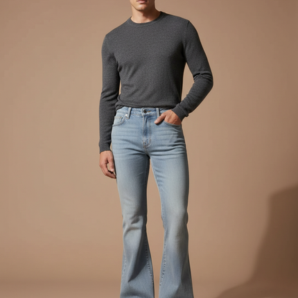 Pantalon Patte D'Éléphant Homme Bleu Clair Délavé Décontracté - Jean