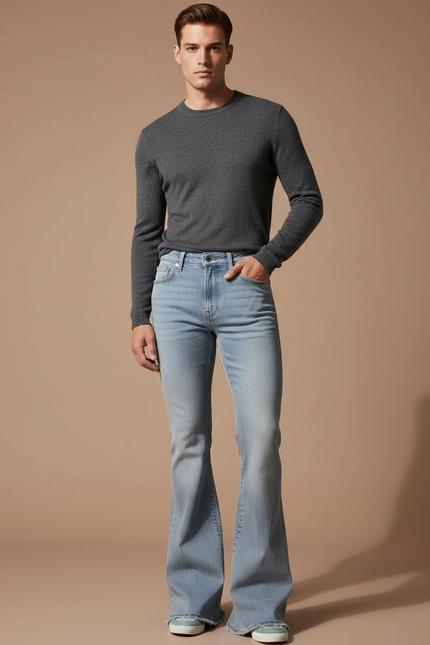 Pantalon Patte D'Éléphant Homme Bleu Clair Délavé Décontracté - Jean