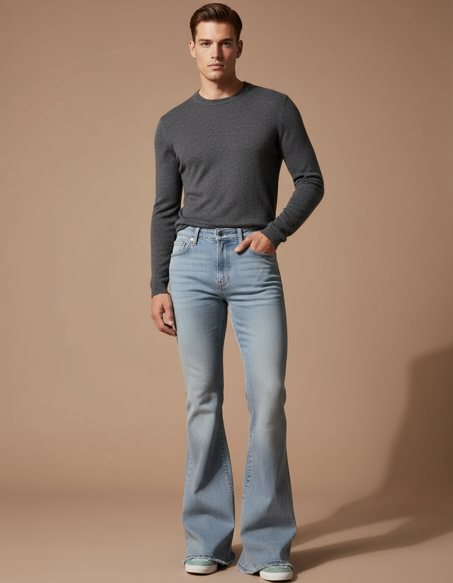 Pantalon Patte D'Éléphant Homme Bleu Clair Délavé Décontracté - Jean