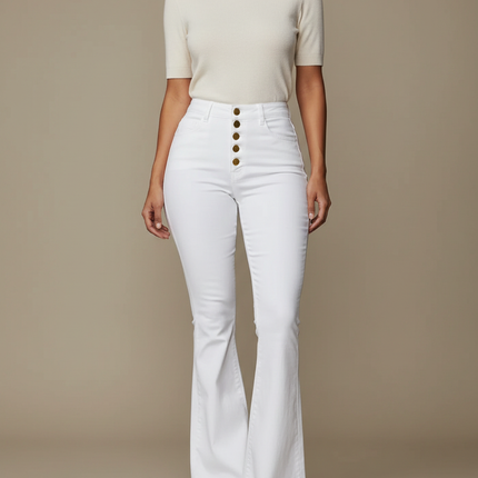 Pantalon Patte D'Éléphant Blanc Taille Haute Boutons Dorés - Jean