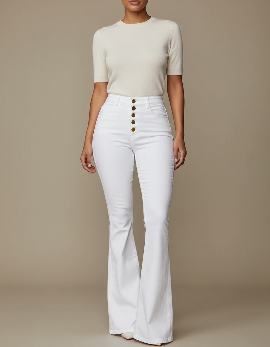 Pantalon Patte D'Éléphant Blanc Taille Haute Boutons Dorés - Jean