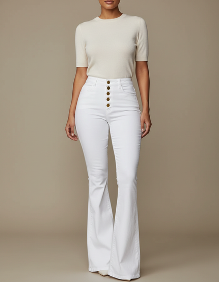 Pantalon Patte D'Éléphant Blanc Taille Haute Boutons Dorés - Jean