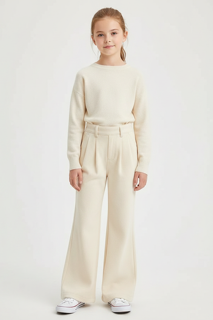 Pantalon Patte D'Éléphant Écru Molleton Ample Décontracté Fille - Beige