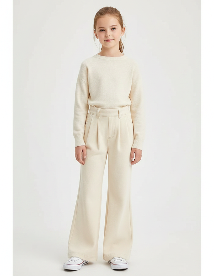 Pantalon Patte D'Éléphant Écru Molleton Ample Décontracté Fille - Beige