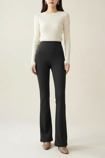 Pantalon Patte D'Éléphant Noir Côtelé Taille Haute Chic - Maille