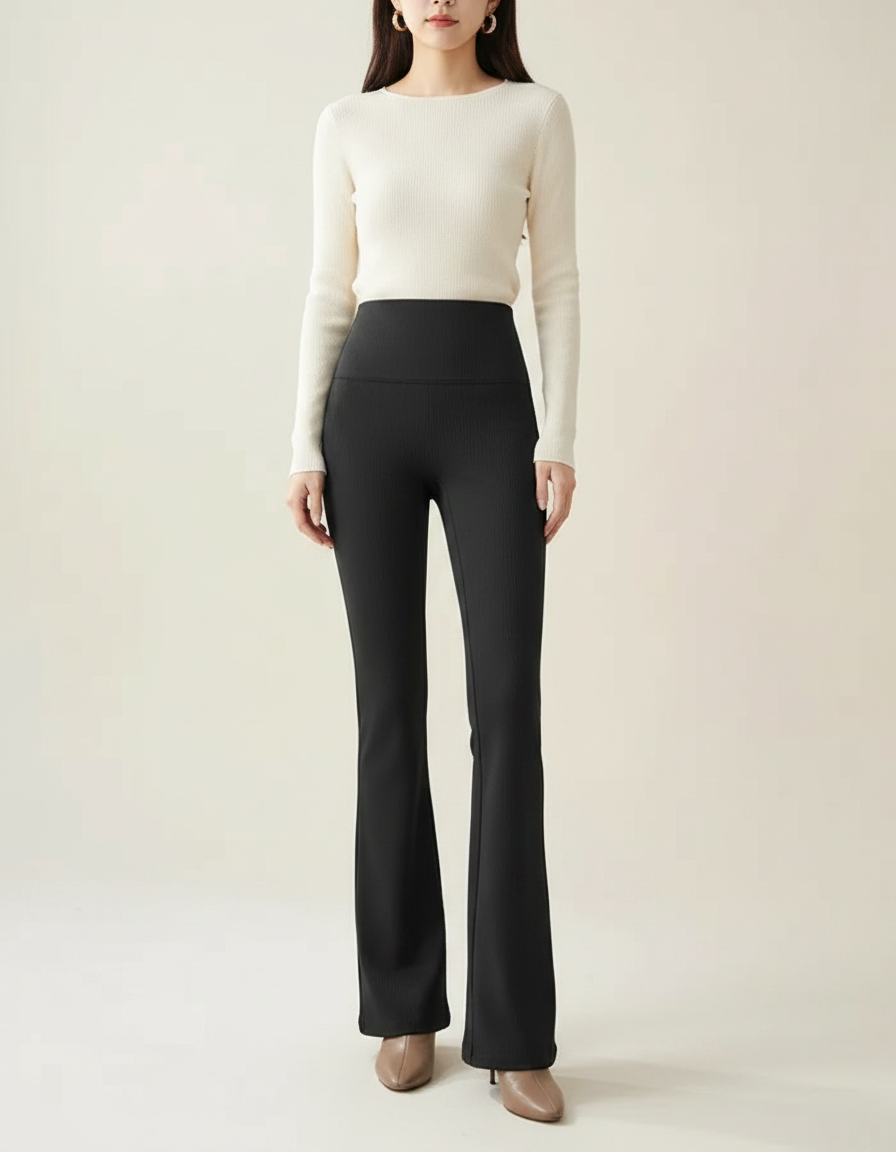 Pantalon Patte D'Éléphant Noir Côtelé Taille Haute Chic - Maille