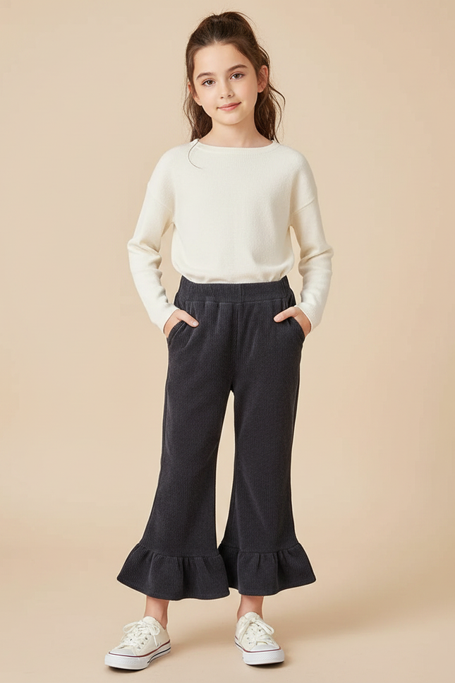 Pantalon Patte D'Éléphant Côtelé Noir Évasé Enfant Décontracté - Cordé