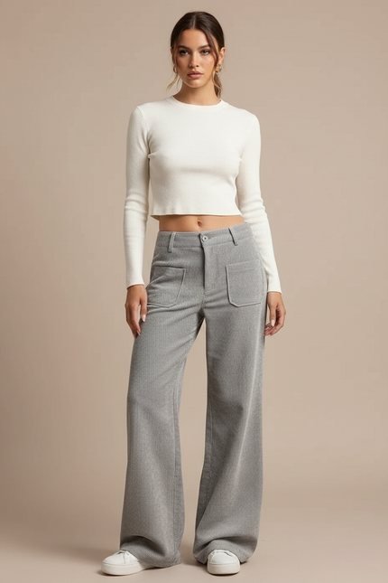 Pantalon Patte D'Éléphant Côtelé Gris Décontracté Fluide - Cordé