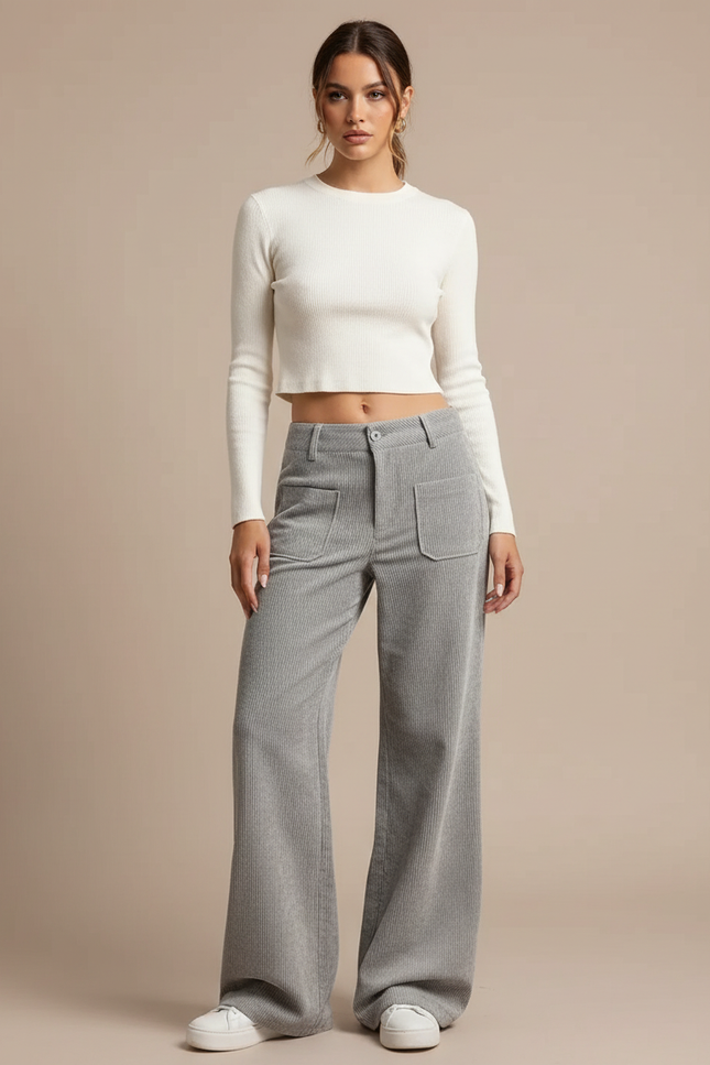 Pantalon Patte D'Éléphant Côtelé Gris Décontracté Fluide - Cordé