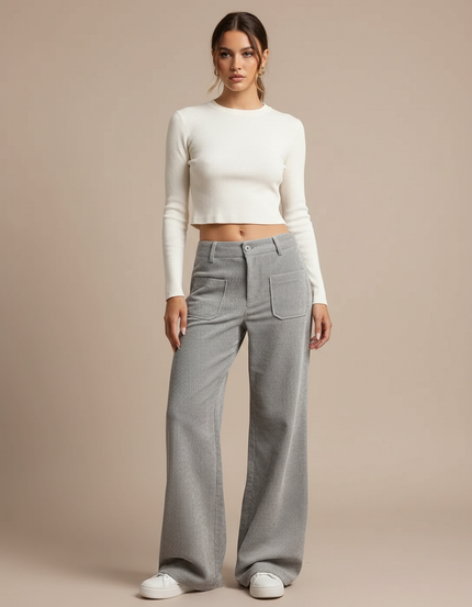 Pantalon Patte D'Éléphant Côtelé Gris Décontracté Fluide - Cordé