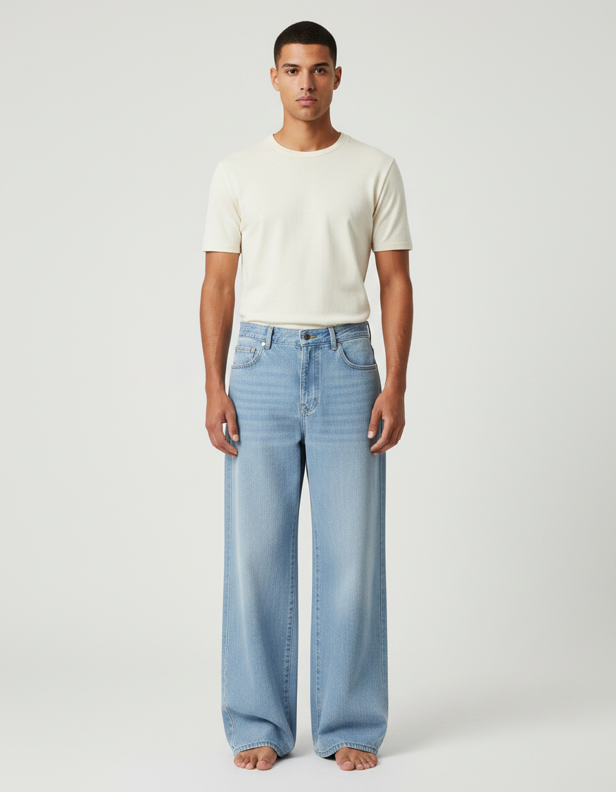 Pantalon Patte D'Éléphant Jean Ample Décontracté Bleu Clair Homme