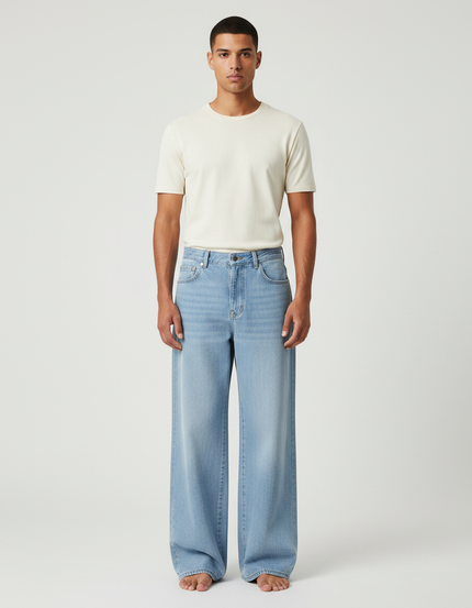 Pantalon Patte D'Éléphant Jean Ample Décontracté Bleu Clair Homme