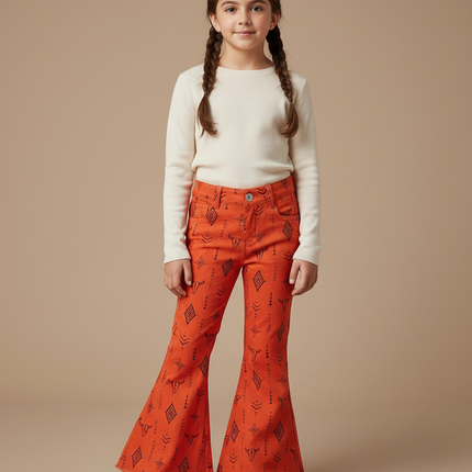 Pantalon Patte D'Éléphant Orange Imprimé Tribal Évasé Fille - Coton