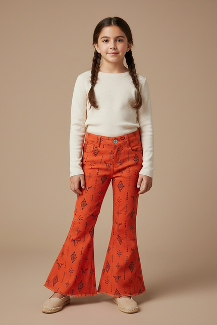 Pantalon Patte D'Éléphant Orange Imprimé Tribal Évasé Fille - Coton