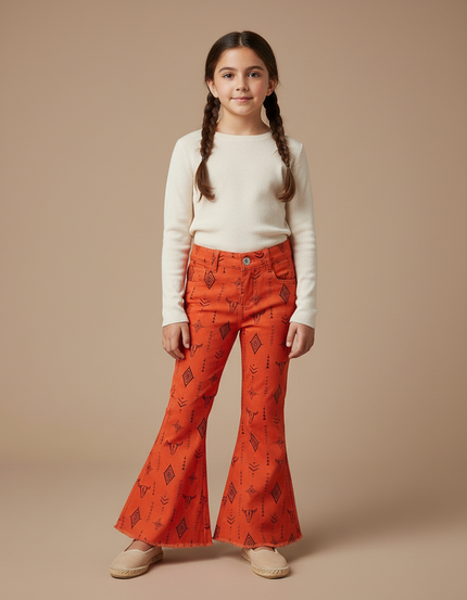 Pantalon Patte D'Éléphant Orange Imprimé Tribal Évasé Fille - Coton