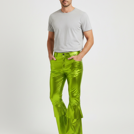 Pantalon Patte D'Éléphant Vert Métallique Brillant Évasé Homme - Polyester