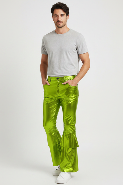 Pantalon Patte D'Éléphant Vert Métallique Brillant Évasé Homme - Polyester