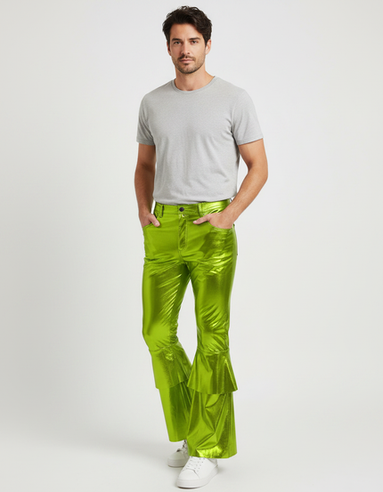 Pantalon Patte D'Éléphant Vert Métallique Brillant Évasé Homme - Polyester