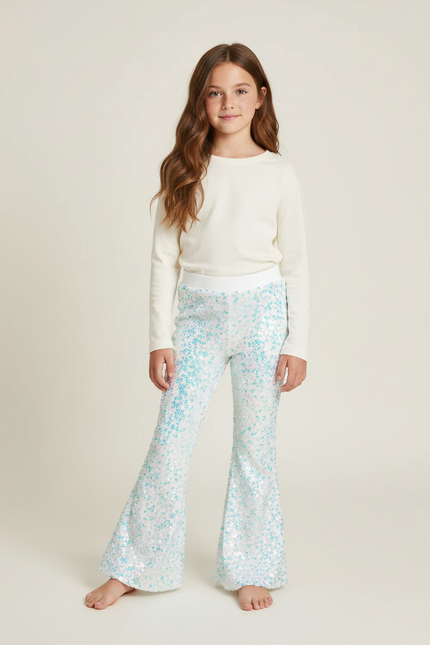 Pantalon Patte D'Éléphant Paillettes Blanches Turquoise Évasé Confortable Fille - Multicolore Polyester