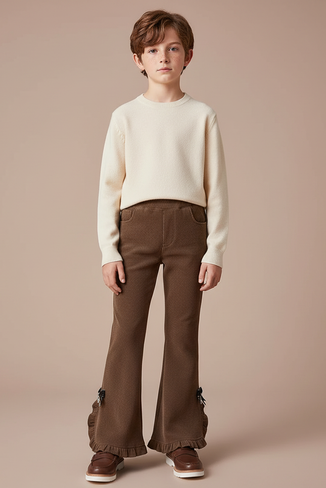 Pantalon Patte D'Éléphant Marron Côtelé Évasé Volants Nœuds - Cordé