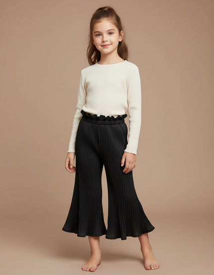 Pantalon Patte D'Éléphant Noir Plissé Évasé Fluide Enfant - Polyester