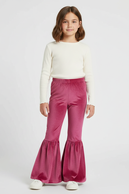 Pantalon Patte D'Éléphant Velours Rose Évasé Fille Doux