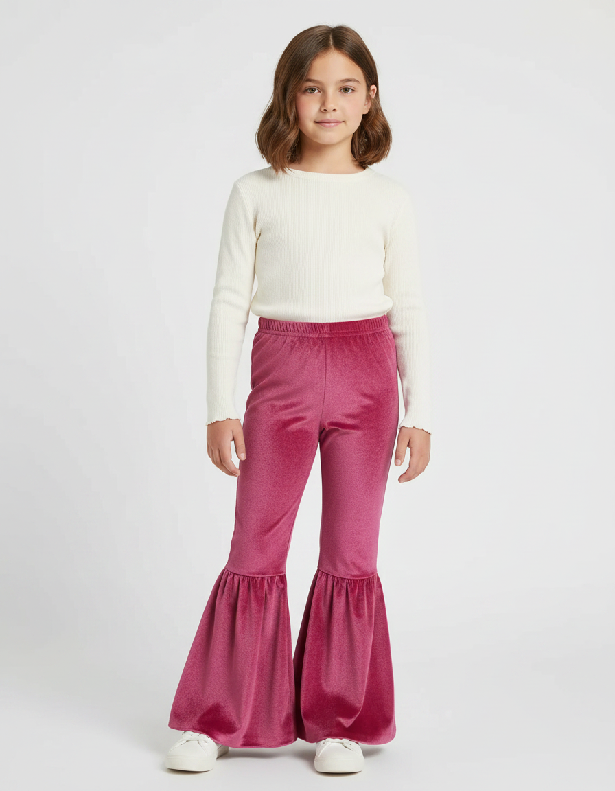Pantalon Patte D'Éléphant Velours Rose Évasé Fille Doux