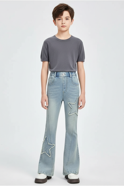 Pantalon Patte D'Éléphant Denim Bleu Étoiles Évasé Enfant - Jean