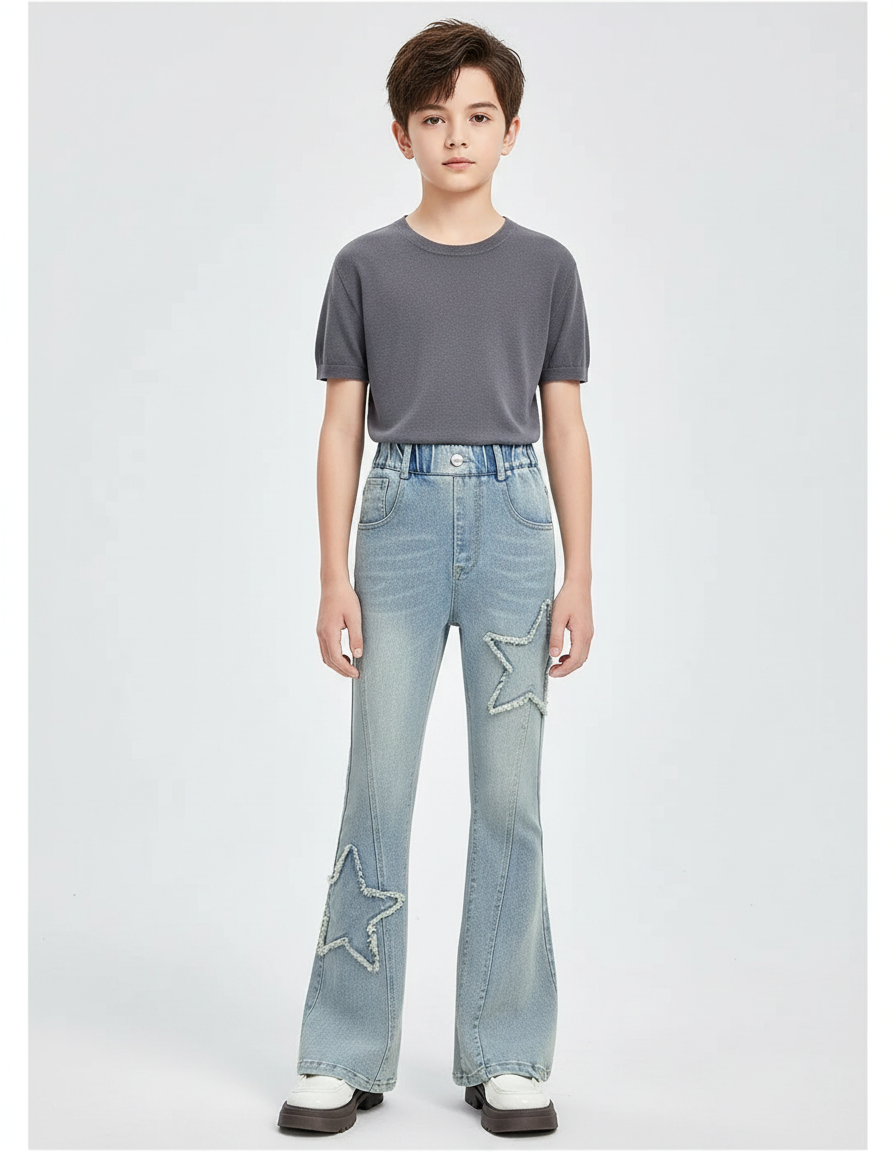 Pantalon Patte D'Éléphant Denim Bleu Étoiles Évasé Enfant - Jean