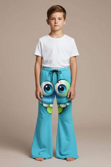 Pantalon Patte D'Éléphant Bleu Imprimé Monstre Amusant Enfant - Molleton