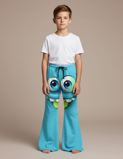 Pantalon Patte D'Éléphant Bleu Imprimé Monstre Amusant Enfant - Molleton